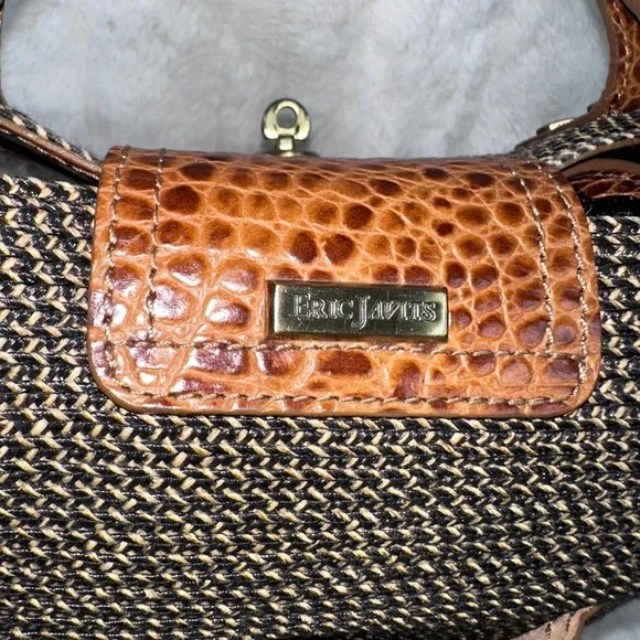 Eric Javits Woven Tote Bag Brown Tan Crocodile Trim Top Handle - Picture 4 of 11